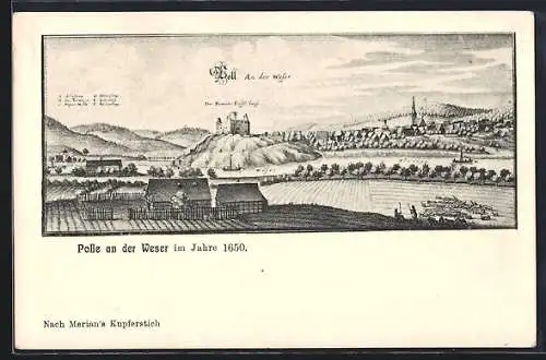 Künstler-AK Polle an der Weser, Ortsansicht im Jahre 1650, nach Merian