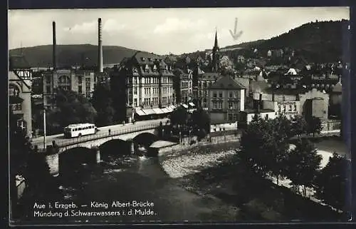 AK Aue /Erzgeb., König Albert-Brücke mit Mündung d. Schwarzwassers i. d. Mulde