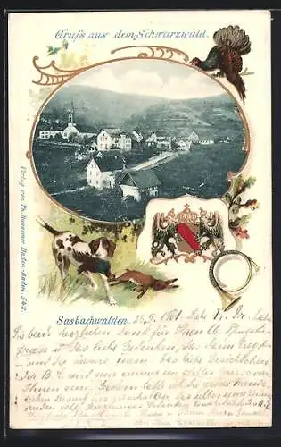 Passepartout-Lithographie Sasbachwalden /Schwarzwald, Ortspartie mit Strasse, Wappen