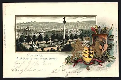 Passepartout-AK Stuttgart, Blick auf Schlossplatz mit neuem Schloss, Wappen