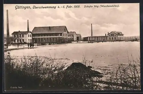 AK Göttingen, Schiefer Weg und Waschanstalten im Hochwasser 4.-6. Febr. 1909