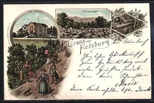 Lithographie Felsberg / Borken, Hotel Haberkorn, Felsenmeer, Riesensäule