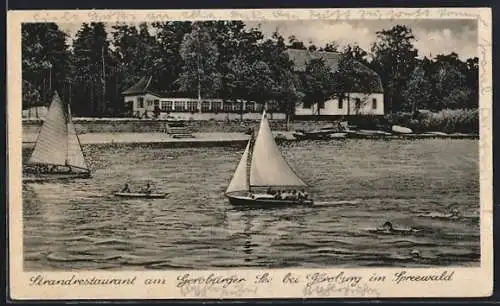 AK Geroburg im Spreewald, Strandrestaurant am Geroburger See mit Booten