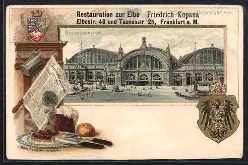 Passepartout-Lithographie Frankfurt a. M., Restaurant zur Elbe, Elbestrasse 40, Taunusstrasse 25, Hauptbahnhof, Wappen