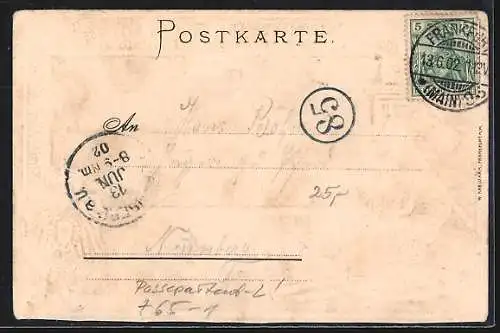 Passepartout-Lithographie Frankfurt a. M., Restaurant zur Elbe, Elbestrasse 40, Taunusstrasse 25, Hauptbahnhof, Wappen