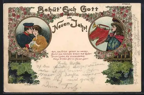 Lithographie Soldat mit Braut, Trompeter, Blumenhain, Behüt Dich Gott, Neujahrsgruss