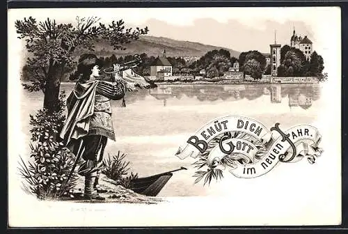 Lithographie Trompeter am Ufer mit Blick auf einen Ort, Behüt Dich Gott, Neujahrsgruss