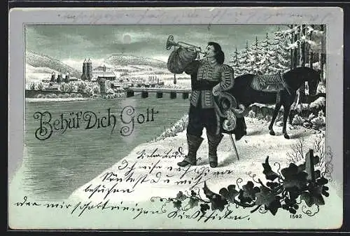 Lithographie Trompeter und Pferd am Ufer im Winter, silberner Mond, Behüt Dich Gott