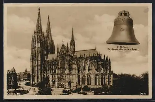 AK Köln /Rh., Dom aus der Vogelschau, Glocke St. Peter