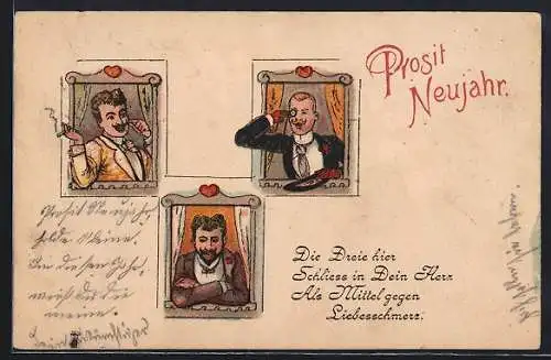 Lithographie Drei Herren in Theaterlogen, Monokel, Neujahrsgruss