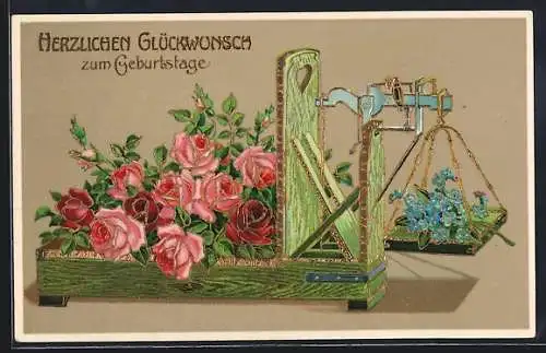 AK Rosen und Vergissmeinnicht auf einer Waage, Geburtstagsgruss
