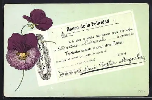 AK Banco de la Felicidad, Scheck, Blumen