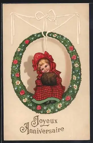 Präge-AK Kleines Mädchen im Kleid mit Muff, Geburtstagsgruss, Biedermeier