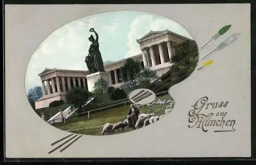 Präge-AK München, Bavaria und Ruhmeshalle, Ansicht auf Palette