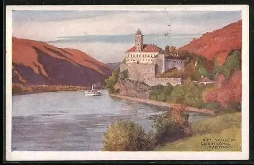 Künstler-AK Schönbühel a. Donau, Panoramablick auf Ort und Donau, Dampfer