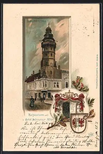 Passepartout-Lithographie Salzwedel, Rathausturm und Hotel Schwarzer Adler, Stadtwappen um 1900