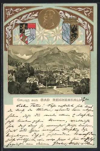 Passepartout-Lithographie Bad Reichenhall, Gesamtansicht mit Wappen