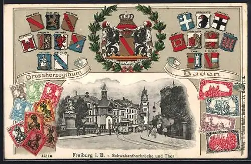 Passepartout-Lithographie Freiburg i. B., Schwabenthorbrücke und Thor, Wappen und Briefmarken