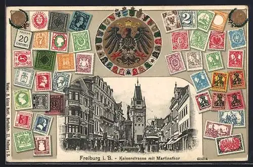 Präge-AK Freiburg i. B., Kaiserstrasse mit Martinsthor, Briefmarken, Wappen