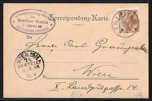 Lithographie Schwarzenberg-Hütte der Sect. Mainz D. & Ö. A. V.