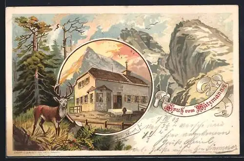 Lithographie Watzmannhaus, Berghütte und Hirsch