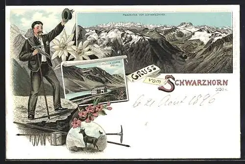 Lithographie Flüela Hospiz, Panorama vom Schwarzhorn, Bergsteiger