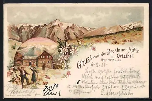 Lithographie Breslauer Hütte, Berghütte im Ötztal