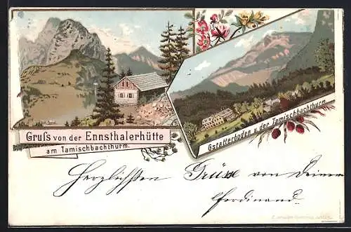 Lithographie Ennsthalerhütte am Tamischbachthurm, Gstatterboden und Tamischbachthurm