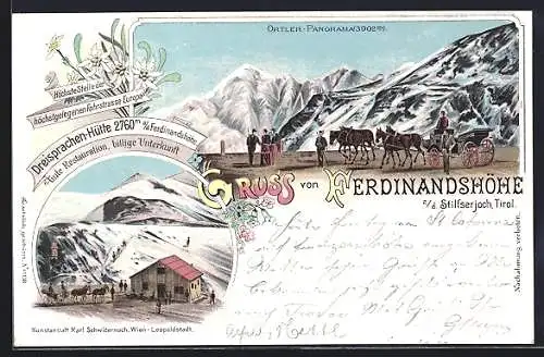 Lithographie Stilfserjoch, Dreisprachen-Hütte auf der Ferdinandshöhe, Ortler Panorama