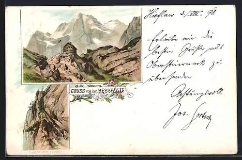 Lithographie Hesshütte, Berghütte vor Gebirgspanorama