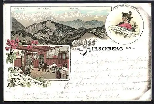 Lithographie Hirschberghaus, Panorama mit Karwendel und Zugspitze