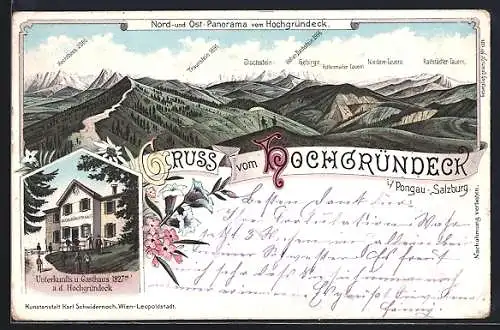 Lithographie St. Johann im Pongau, Gasthaus Hochgründeck und Bergpanorama