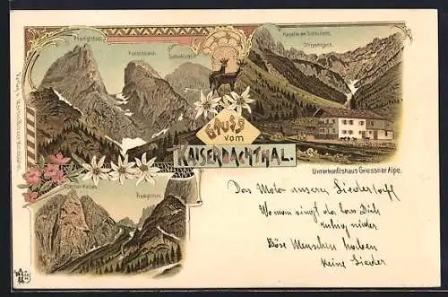 Lithographie Kirchdorf in Tirol, Unterkunftshaus Griessner Alpe im Kaiserbachthal