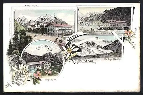 Lithographie Kaprun, Orglerhütte, Berghütte im Kaprunthal, Rainerhütte, Karlinger Gletscher