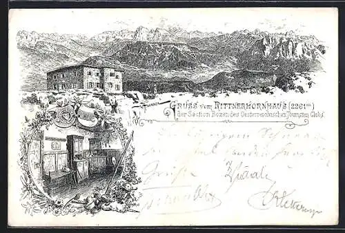 Lithographie Rittnerhorn, Unterkunftshaus, Berghütte des Österreich. Touristen-Clubs, Innenansicht