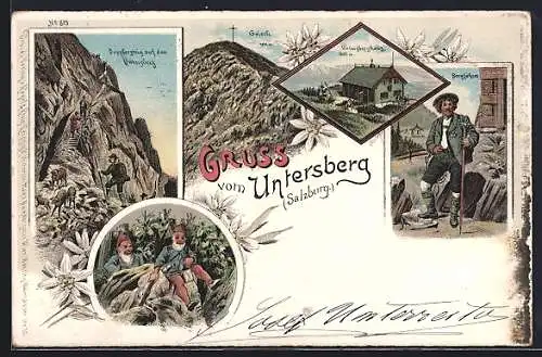 Lithographie Untersberghaus /Salzburg, Geieckspitze, Doppfersteig auf dem Unterberg, Bergführer