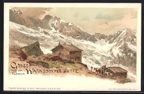 Künstler-Lithographie Edward Theodore Compton: Warnsdorfer Hütte, Ortspartie mit Berghütte und Pferden