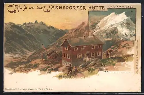 Künstler-Lithographie Edward Theodore Compton: Warnsdorfer Hütte, Gipfel des Venediger