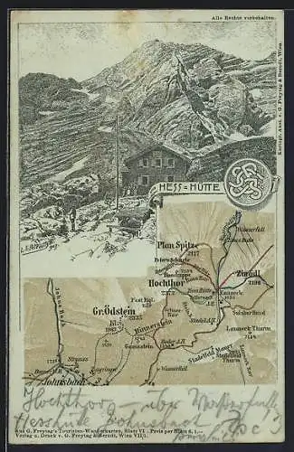 Mondschein-Lithographie Hess-Hütte, Landkarte der Region um Gr. Ödstein, Hochthor und Plan-Spitze