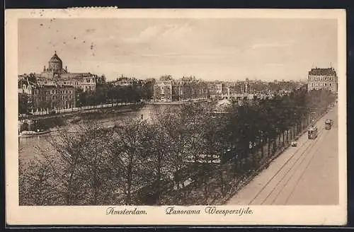 AK Amsterdam, Panorama Weesperzijde, Strassenbahn