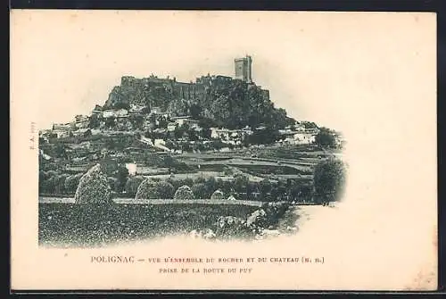 AK Polignac, Vue d`ensemble du rocher et du château, prise de la route du Puy