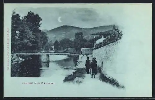 Mondschein-AK Semène, Promenade au bord de la rivière avec vue sur le pont et les collines