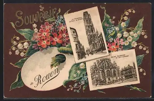 AK Rouen, Souvenir avec la Cathédrale et l`Église St-Vincent sur fond floral