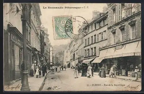 AK Elbeuf, Rue de la République animée avec passants et boutiques