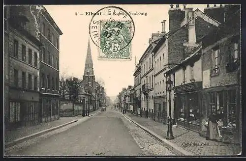 AK Elbeuf, La Rue du Neubourg et l`église au fond