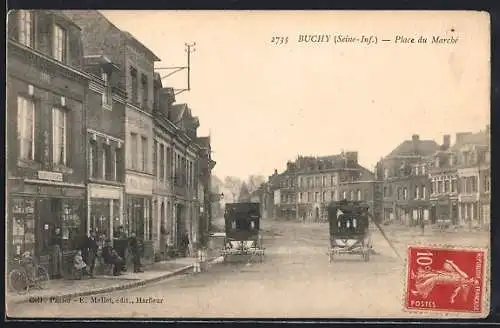 AK Buchy, Place du Marché avec voitures à cheval