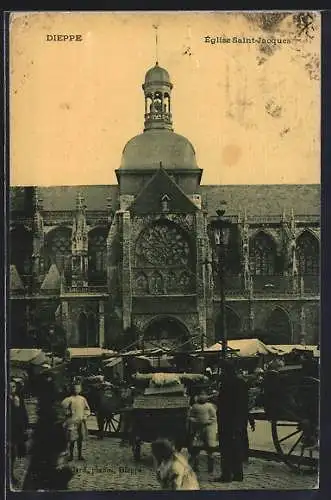 AK Dieppe, Église Saint-Jacques et marché animé devant l`église