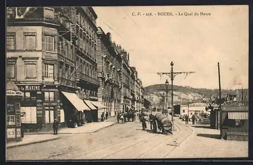 AK Rouen, Le Quai du Havre avec bâtiments et tramway