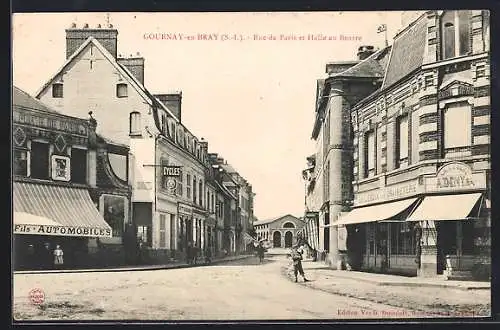 AK Gournay-en-Bray, Rue de Paris et Halle au Beurre