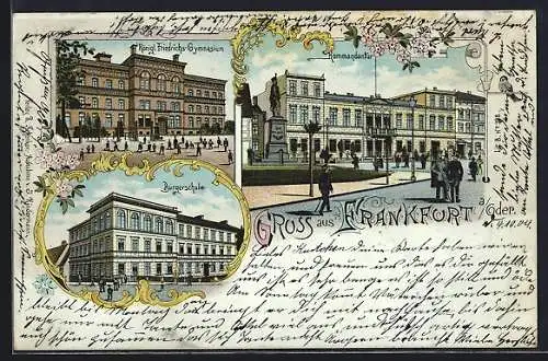 Lithographie Frankfurt /Oder, Kommandantur, Bürgerschule, König-Friedrichs-Gymnasium